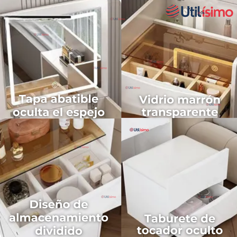 Tocador De Lujo Plegable Con Taburete Y Espejo De luz Ajustable 4 Cajones MDF Blanco  80x40x40cm