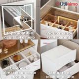 Tocador De Lujo Plegable Con Taburete Y Espejo De luz Ajustable 4 Cajones MDF Blanco  80x40x40cm