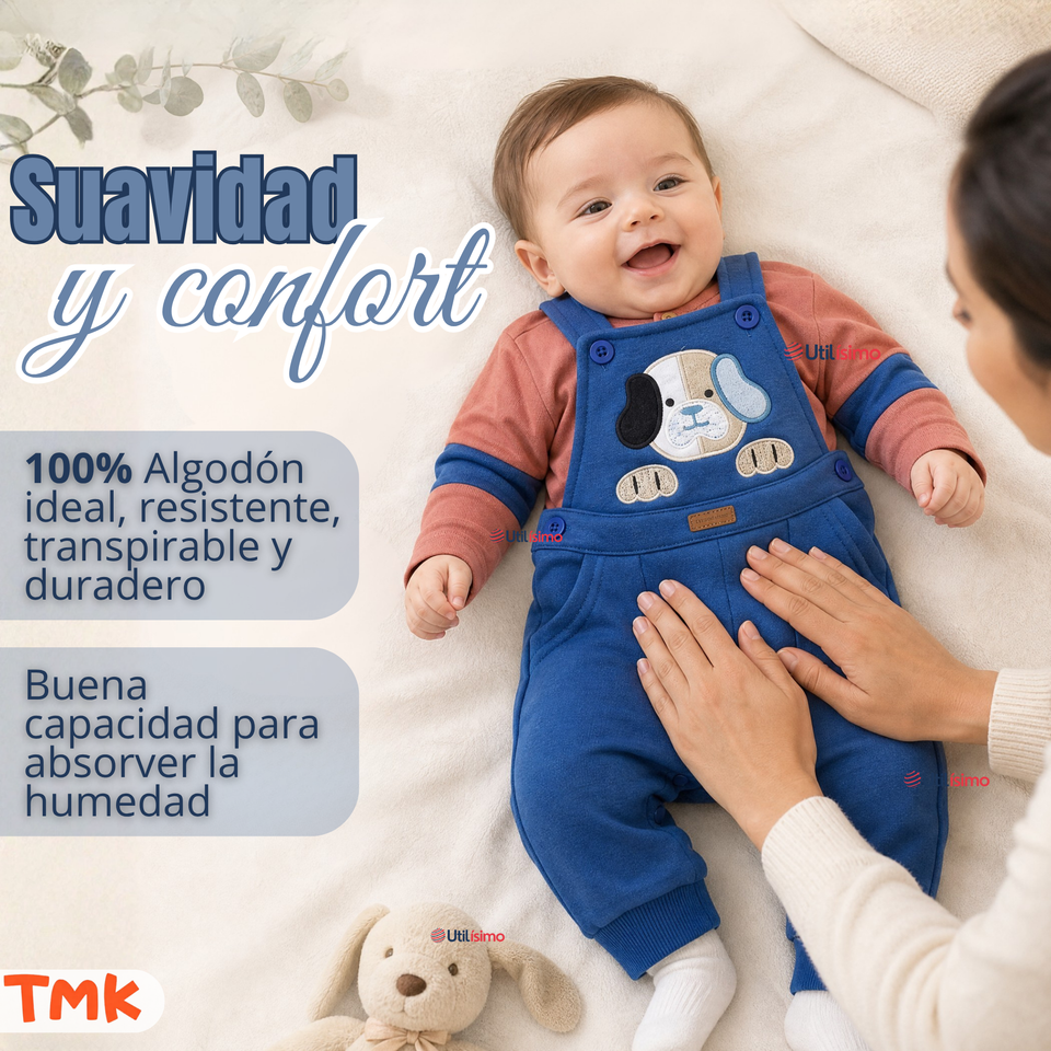 Conjunto 2 Piezas Jardinera Polera Manga Larga 100% Algodón Bebé Niño Jumper Tedmimak Adorable Puppy