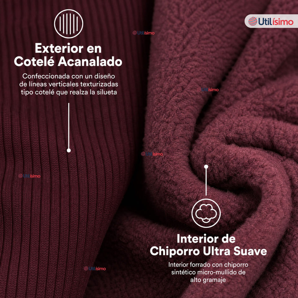 Calza Acanalada Cotelé Polar Con Chiporro Térmica Mujer Elásticada Burdeo