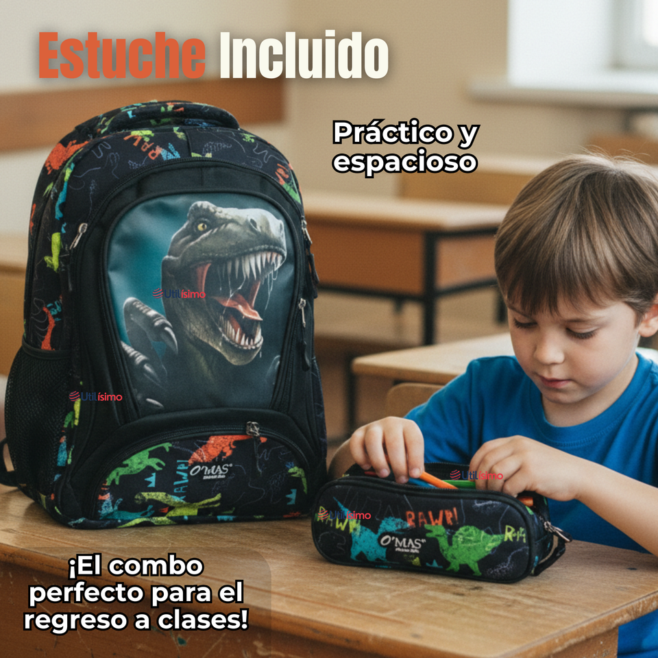 Mochila Escolar Kit Con Estuche y Lonchera 43cm Tela Oxford Dino Niño