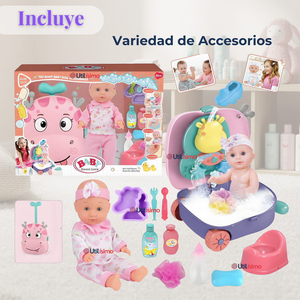 Muñeca Bebe Juguete Con Set Para Baño Con Accesorios