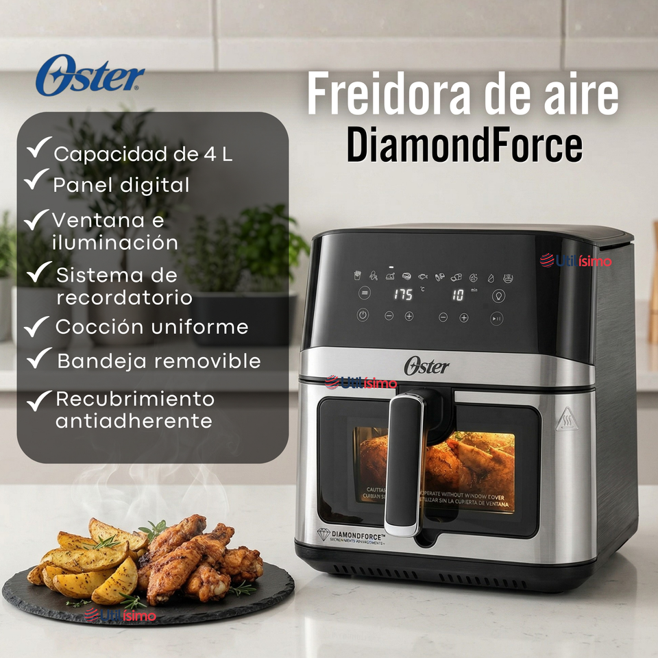 Freidora de aire digital Oster®, con recubrimiento Oster® DiamondForce, 7.5L de capacidad, CKSTAF75WDSSDF 1600W