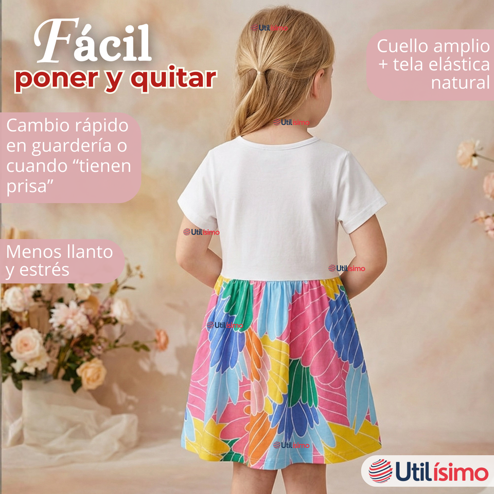Vestido Manga Corta Casual Loro Multicolor Verano Niña 2 a 7 años