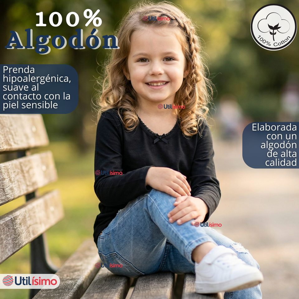 Pack 3 Camisetas Poleras Algodón Cuello Redondo Negra Primera Capa Manga Larga Niña