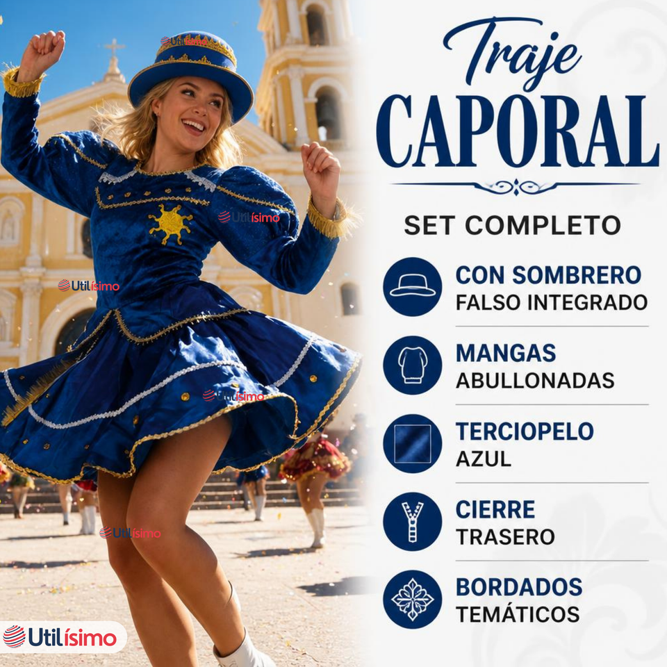 Traje Caporal Típico Completo Con Sombrero Azul Mujer Fiestas Patrias