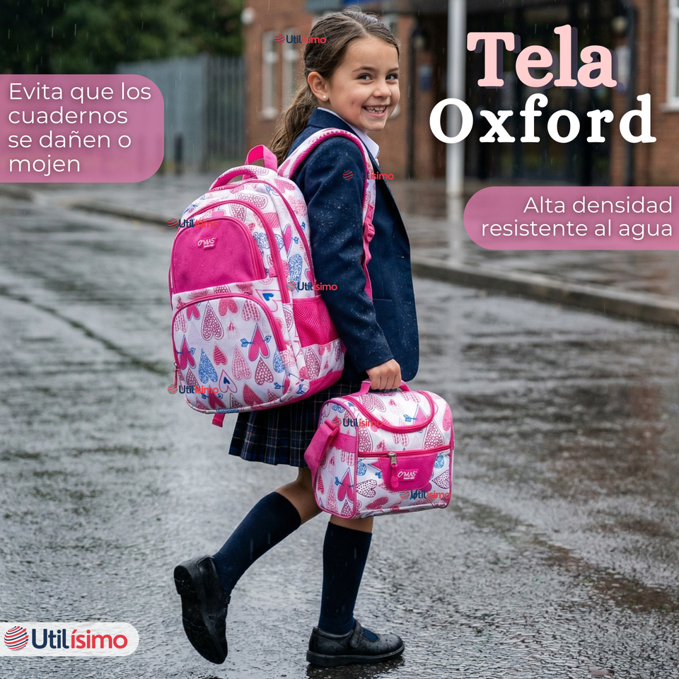 Mochila Escolar + Estuche + Lonchera 43cm Tela Oxford Rosa Corazones Niña