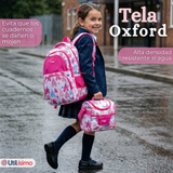 Mochila Escolar + Estuche + Lonchera 43cm Tela Oxford Rosa Corazones Niña