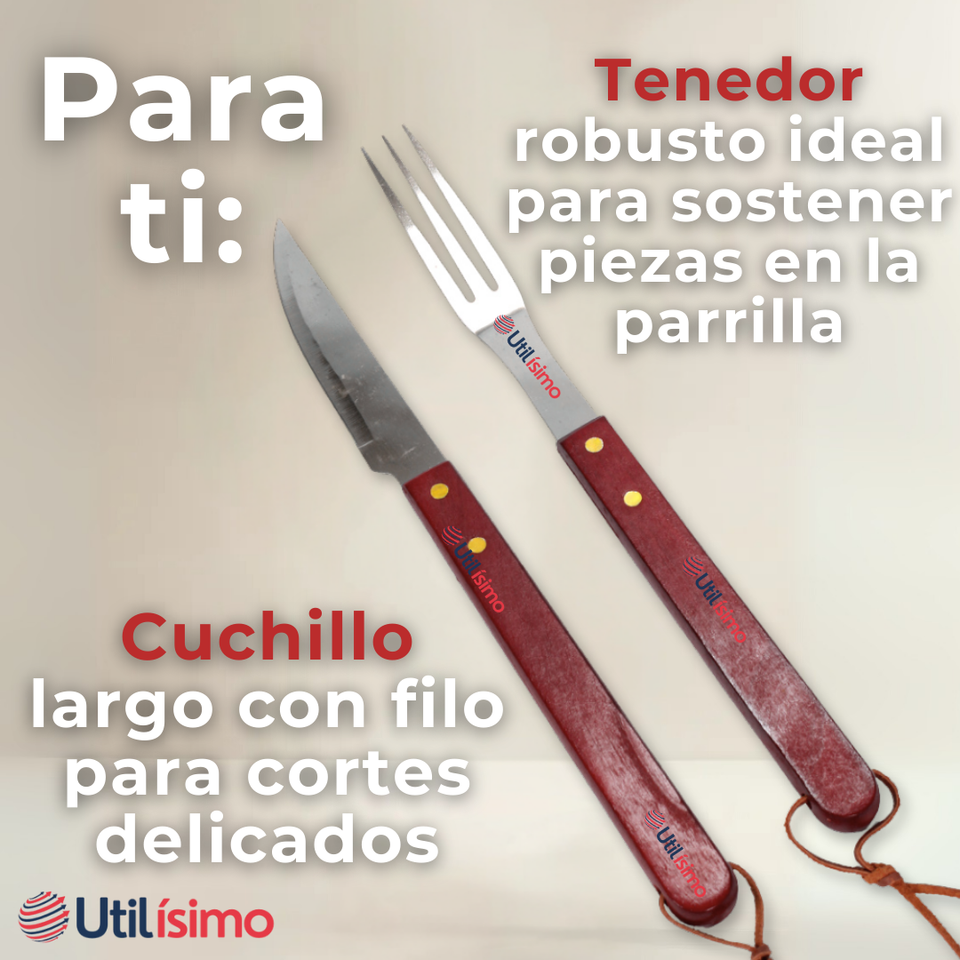 Set Cuchillo + Tenedor Para Parrillas Y Asados Acero Inoxidable