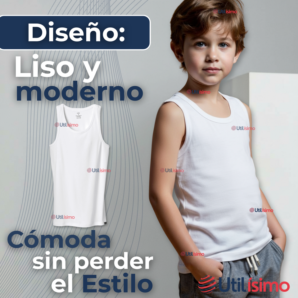 Camiseta Sin Manga Básica Suave 100% Algodón Blanco Juvenil