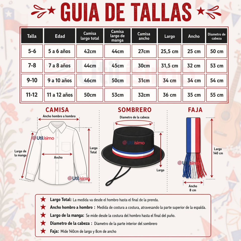 Traje Huasa Elegante NIña Conjunto 7 Piezas Tipico Fiestas Patrias