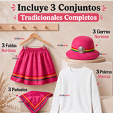 Pack 3 Trajes Nortinos Juveniles Con Poleras 4 Piezas Fucsia Baile Típico Fiestas Patrias