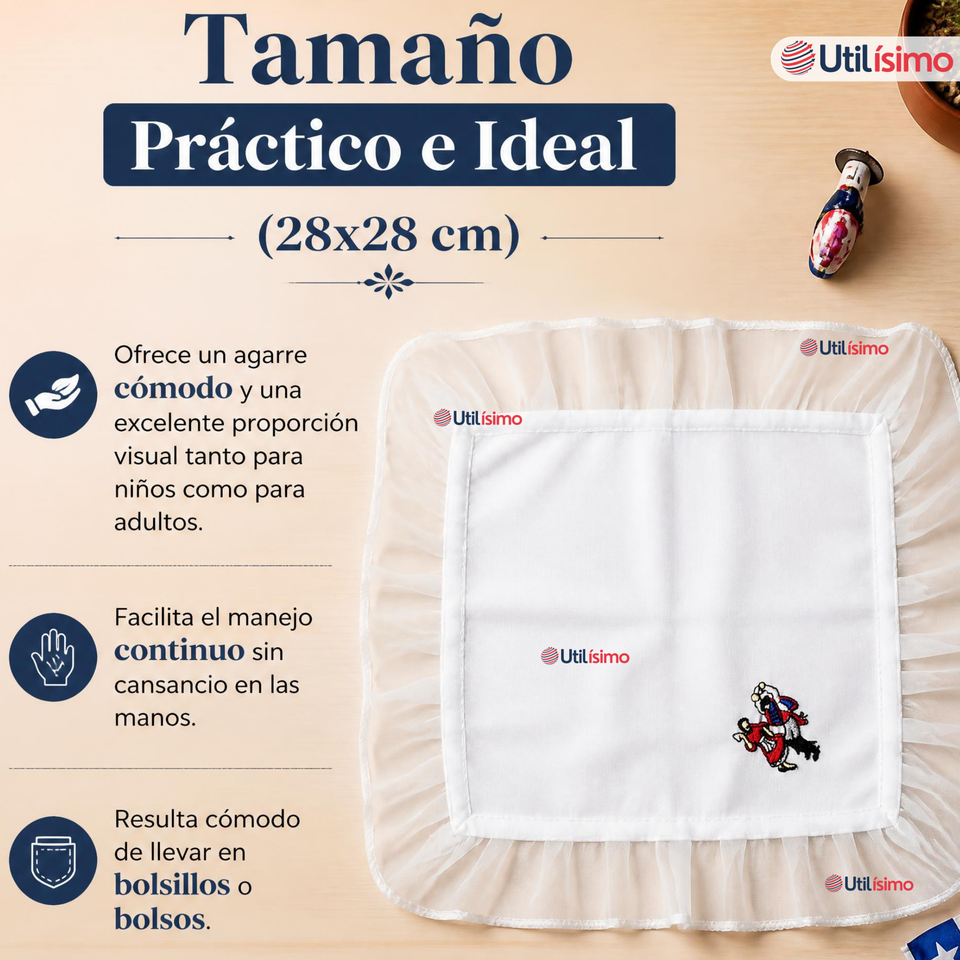 Pañuelo Baile Cueca 28cm Con Vuelo Pareja Bailando Algodón Fiestas Patrias