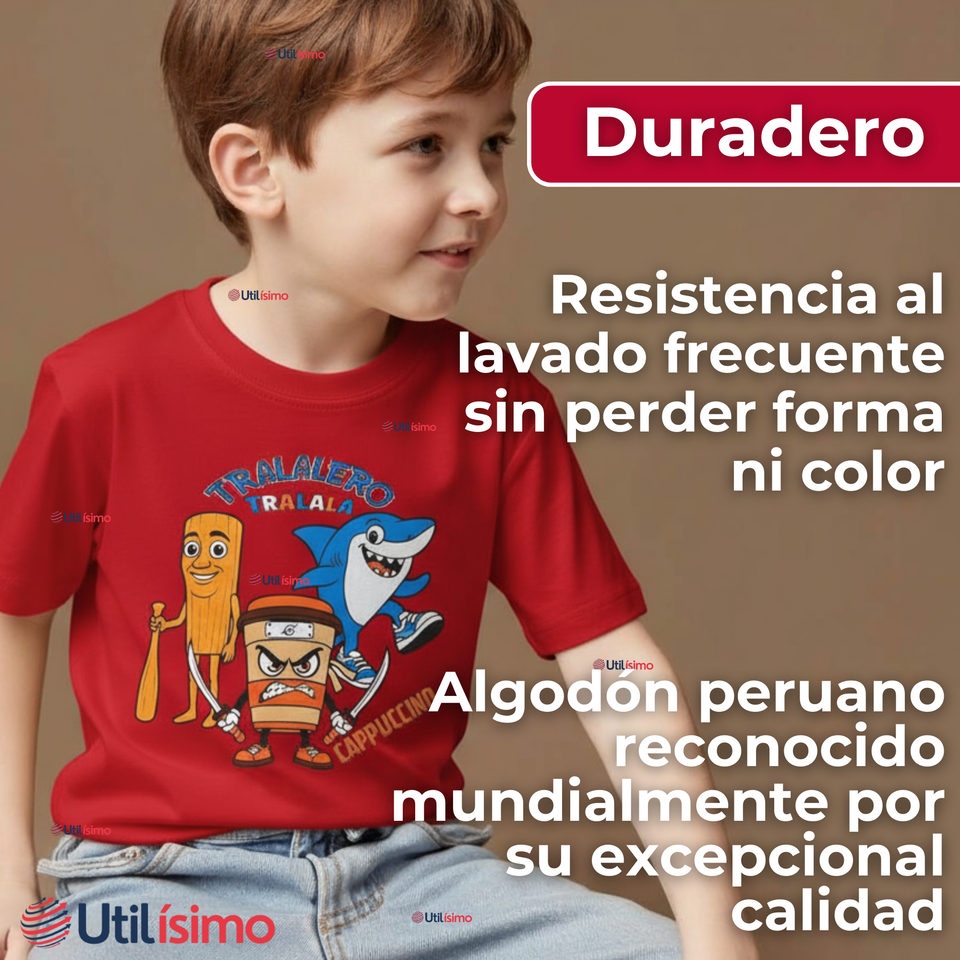 Polera Brainrots 100% Algodón Manga Corta Niño Tralalero Rojo