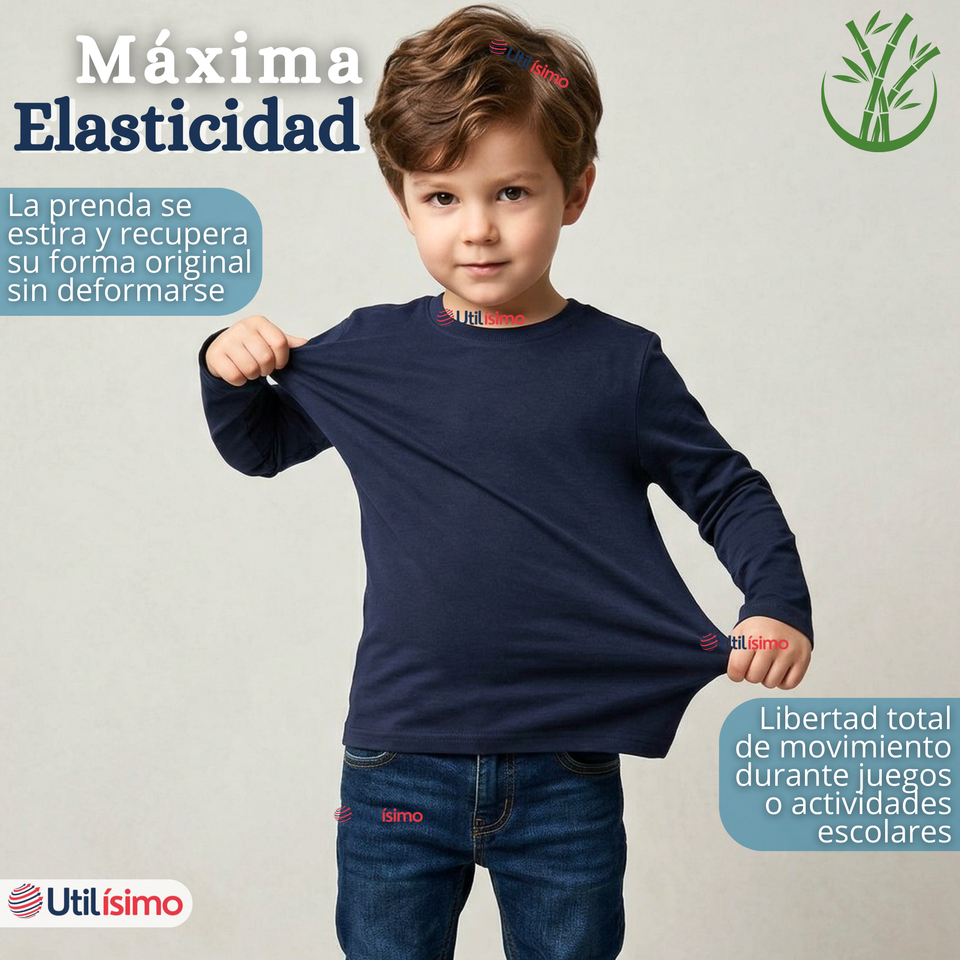 Pack 3 Poleras Camisetas Bambú Azul Oscuro Cuello Redondo Primera Capa Manga Larga Niño