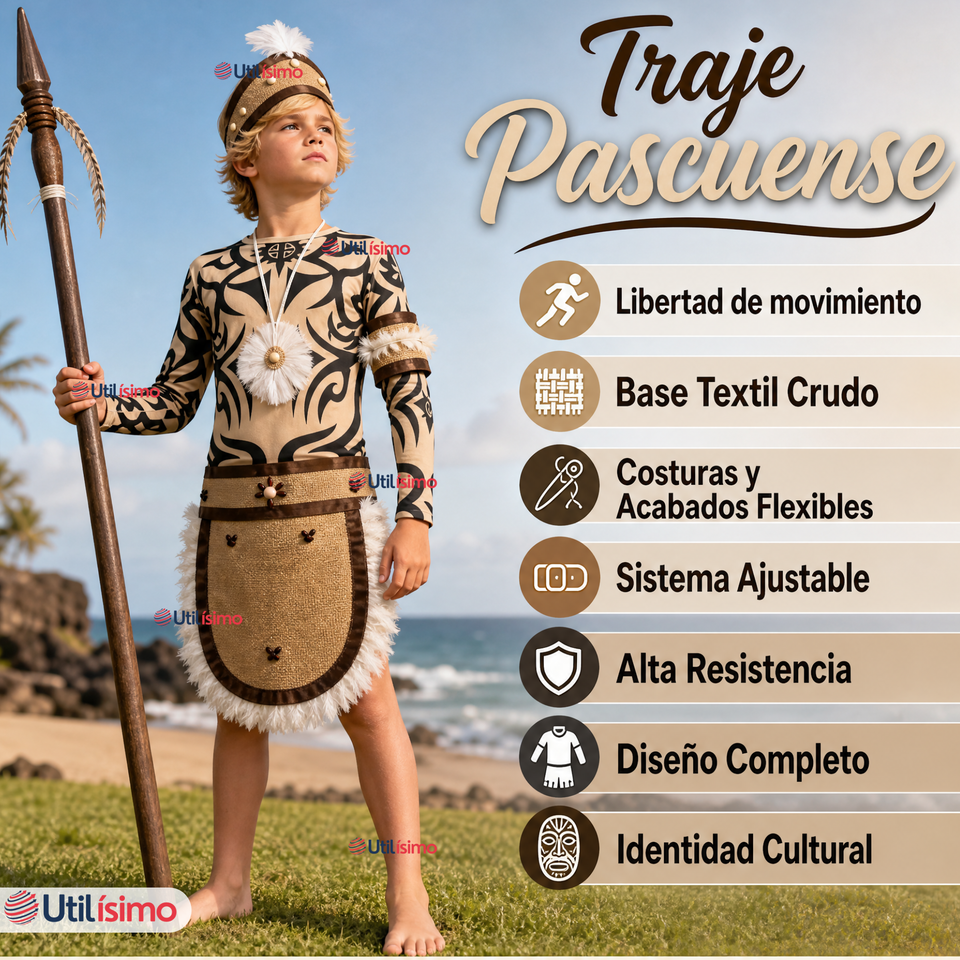 Traje Pascuense Completo 5 Piezas Polera Tatuajes NIño Rapa Nui Fiestas Patrias