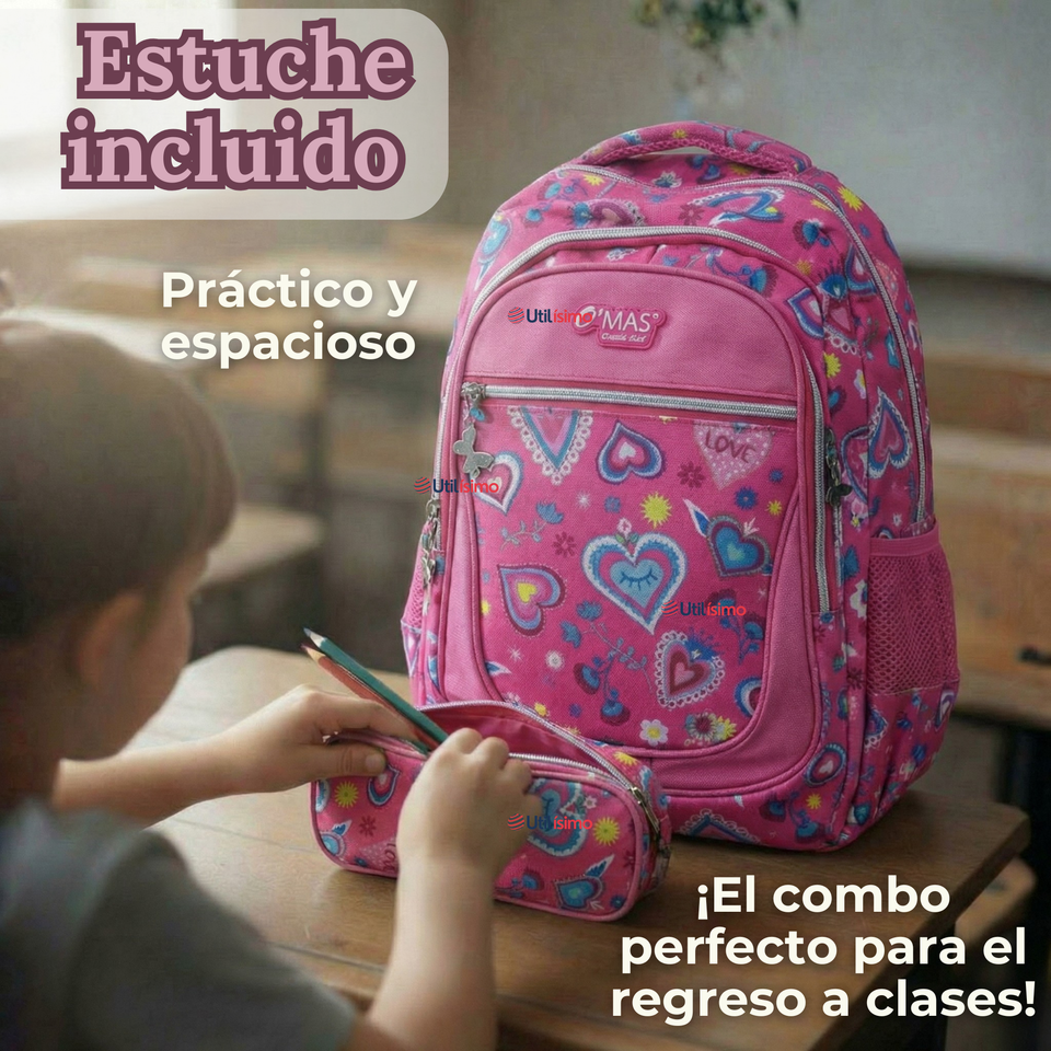 Mochila Escolar Con Estuche 36cm Tela Oxford Impermeable Niña