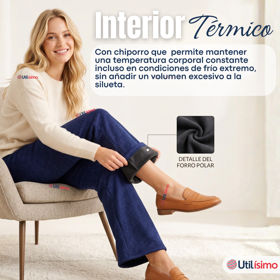 Calza Polar Con Chiporro Palazzo Mujer Elasticada Térmica Azul jeans