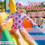 Traje de Baño Enterito Cremallera Manga Larga Con Gorro Niña 1 a 6 años Pink Flowers