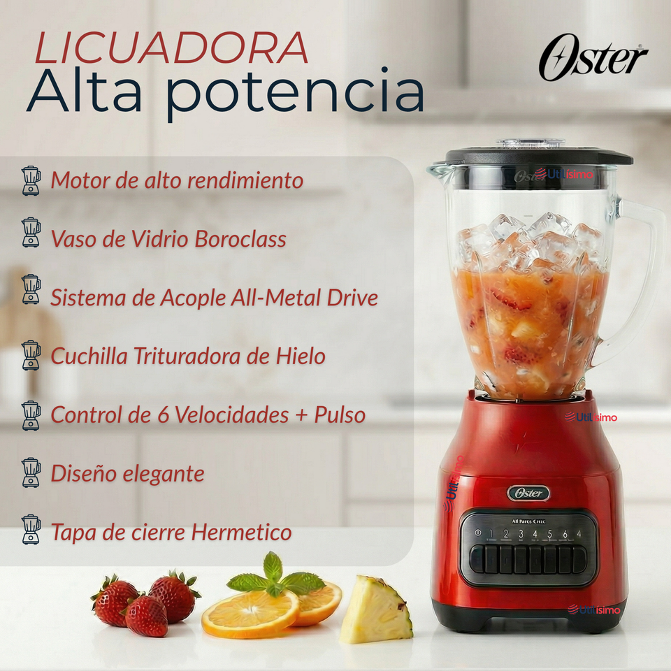 Licuadora Oster® con vaso de vidrio y 6 velocidades más pulso 800 Watts 1,5Litros