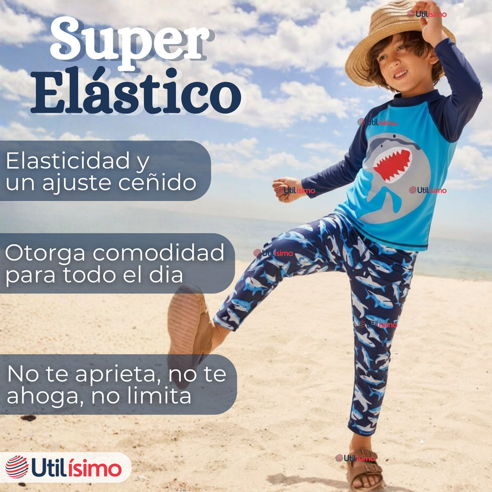 Traje de Baño Manga Larga Pantalón Largo 2 Piezas Corte Split Niño 3 a 11 años Blue Shark
