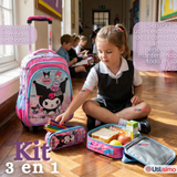 Mochila Escolar Kuromi 3D Con Ruedas Desmontable + Estuche + Lonchera Poliéster Rosa Niña