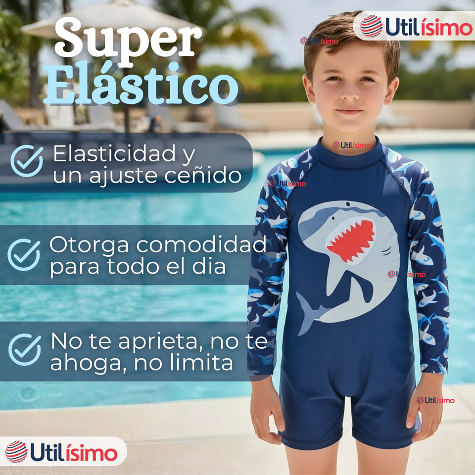 Traje de Baño Enterito Con Cremallera Manga Larga Niño 2 a 6 años Blue Shark