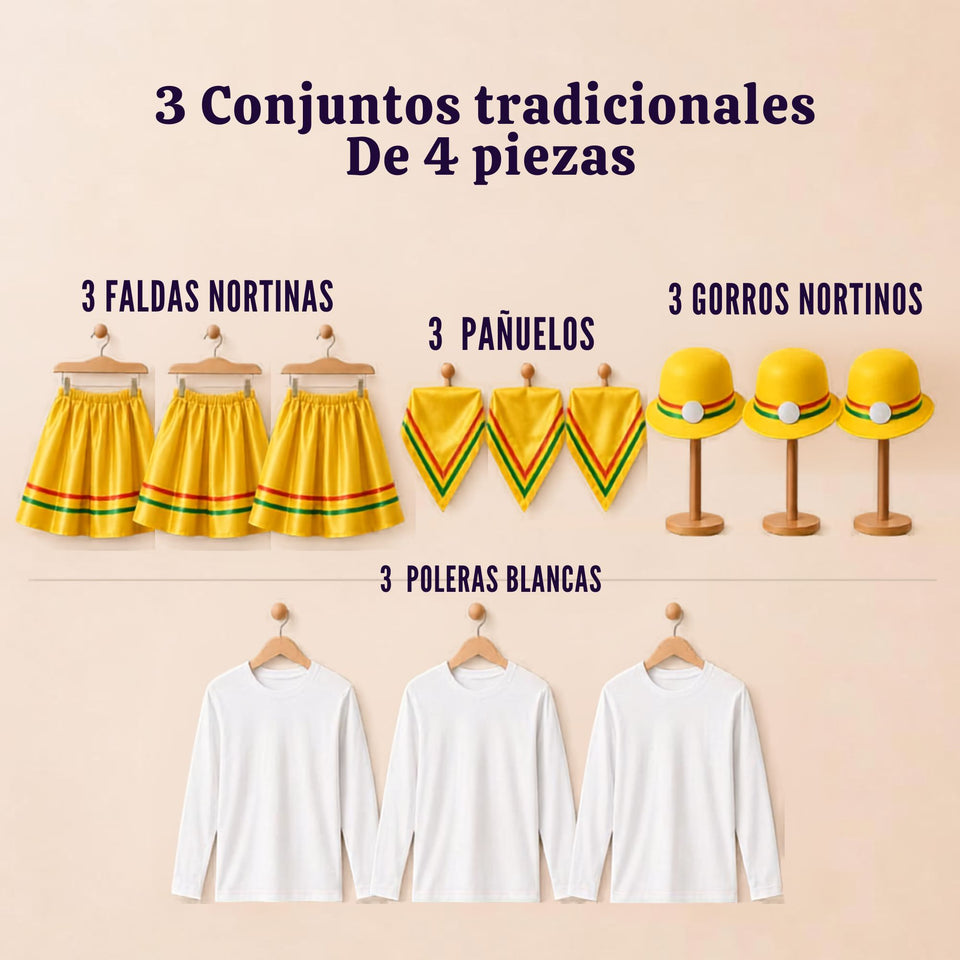 Pack 3 Trajes Nortinos Niña Amarillo 4 Piezas Con Poleras Baile Típico Fiestas Patrias