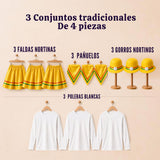 Pack 3 Trajes Nortinos Niña Amarillo 4 Piezas Con Poleras Baile Típico Fiestas Patrias