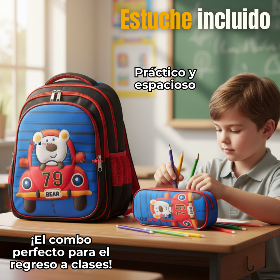 Mochila Escolar Con Ruedas + Estuche + Lonchera Poliéster Oso Niño