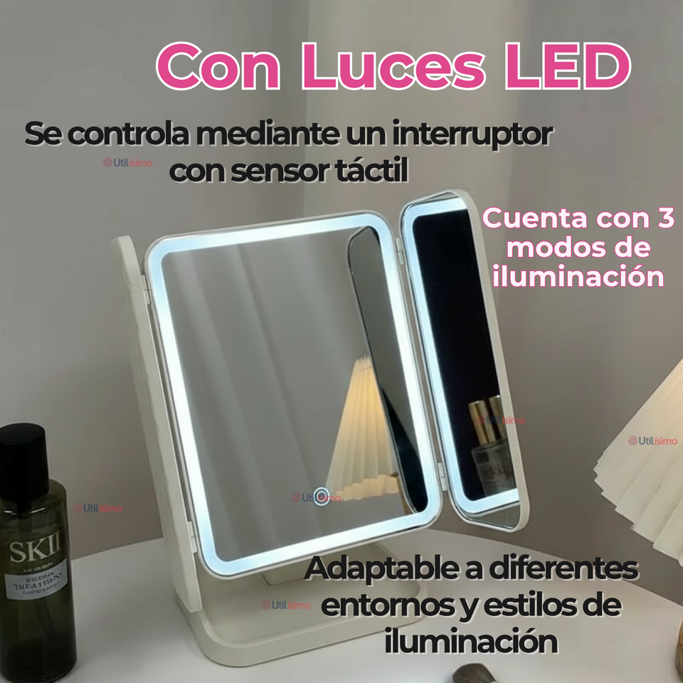 Espejo De Maquillaje Tri Plegable Con Luces LED Recargable