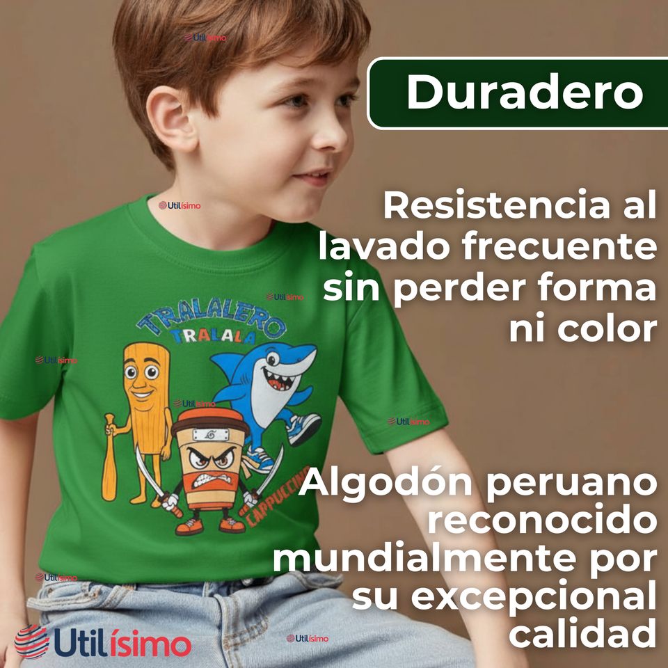 Polera Brainrots 100% Algodón Manga Corta Niño Tralalero Verde