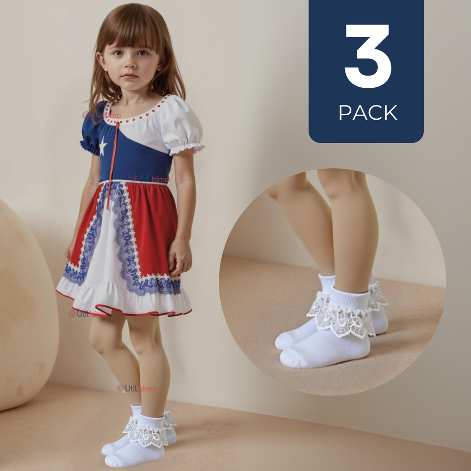 Pack 3 De Calcetines Con Vuelo Blanco Niña Algodón Fiestas Patrias De 3 Meses a 10 años