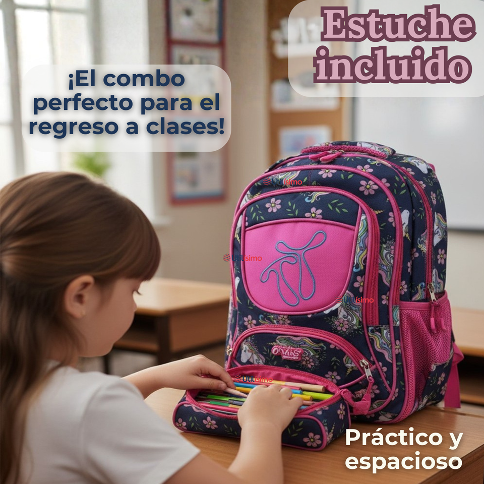 Mochila Escolar Con Estuche 43cm Tela Oxford Impermeable Niña