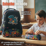 Mochila Escolar Kit Con Estuche y Lonchera 43cm Tela Oxford Dino Niño