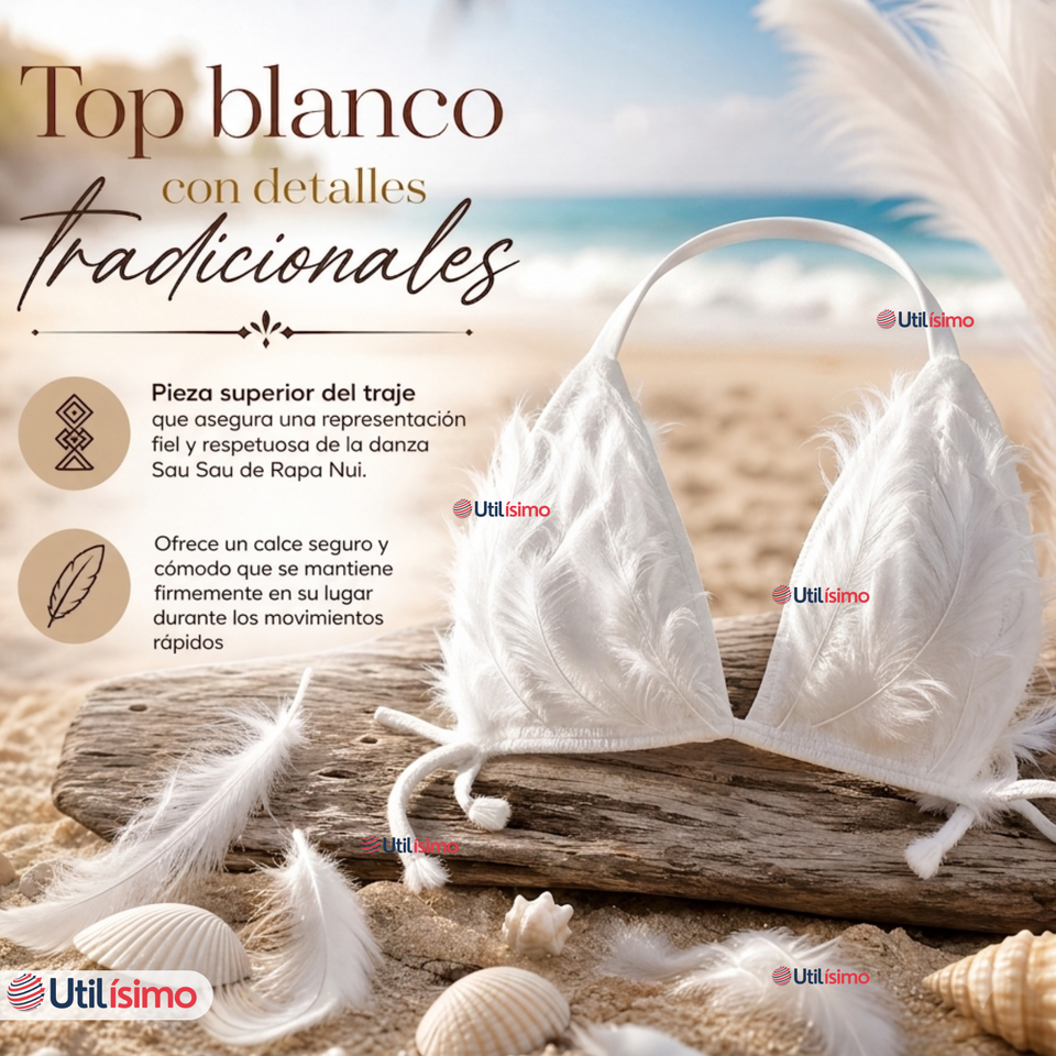 Traje Pascuense Típico Blanco Con Plumas 3 Piezas Juvenil Rapa Nui Fiestas Patrias