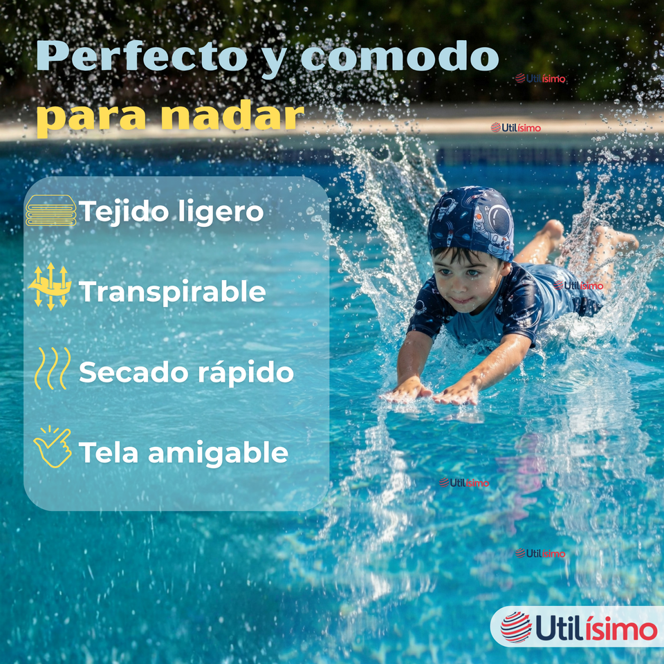 Traje De Baño 2 Piezas Con Gorro Niño 4 a 14 Años Protección Completa Astronaut