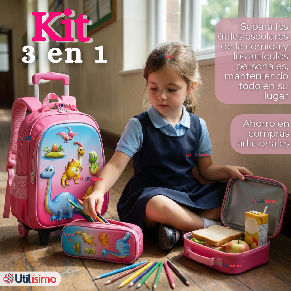 Mochila Escolar Con Ruedas + Estuche + Lonchera 46cm Desmontable Poliéster Rosa Dinosaurio Niña