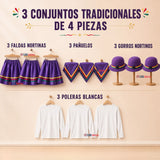 Pack 3 Trajes Nortinos Niña Morado 4 Piezas Con Poleras Baile Típico Fiestas Patrias