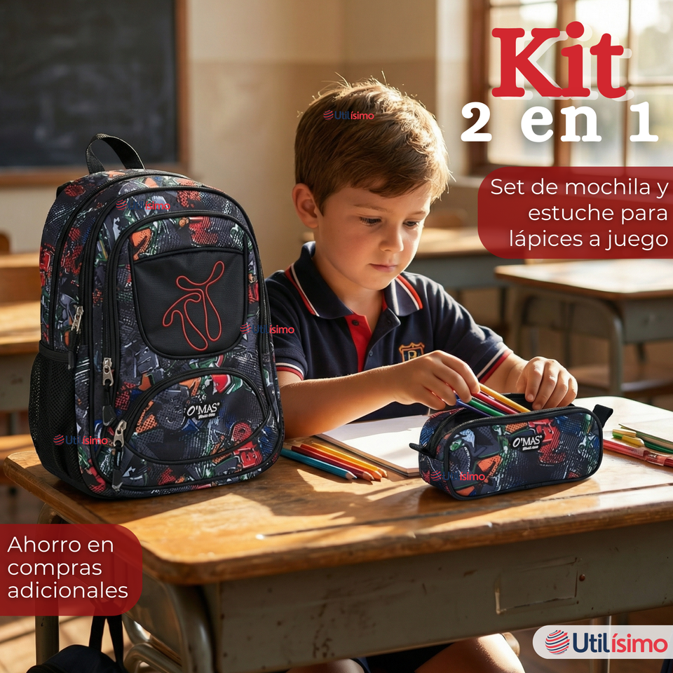 Mochila Escolar Con Estuche 43cm Tela Oxford Impermeable Niño
