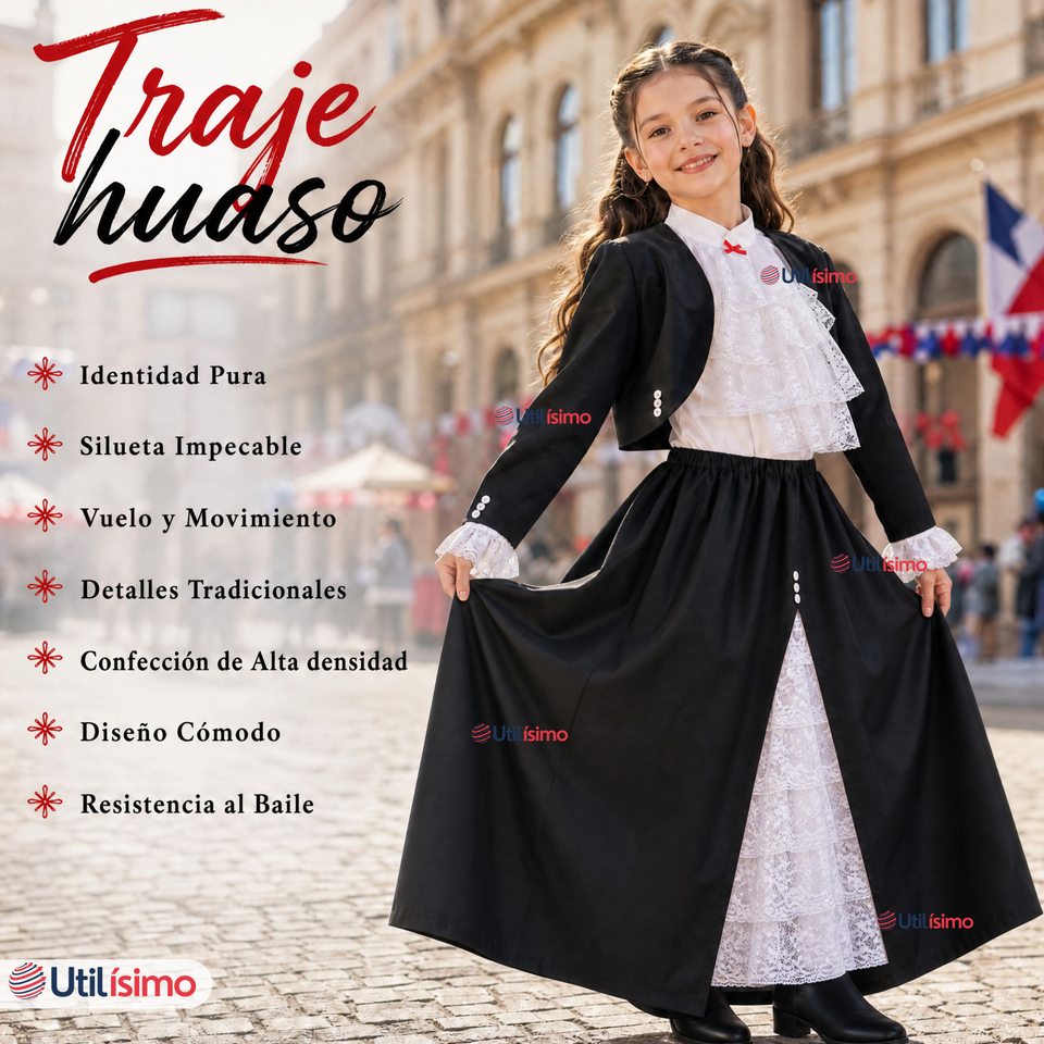Traje Huasa Elegante NIña Conjunto 4 Piezas Tipico Fiestas Patrias