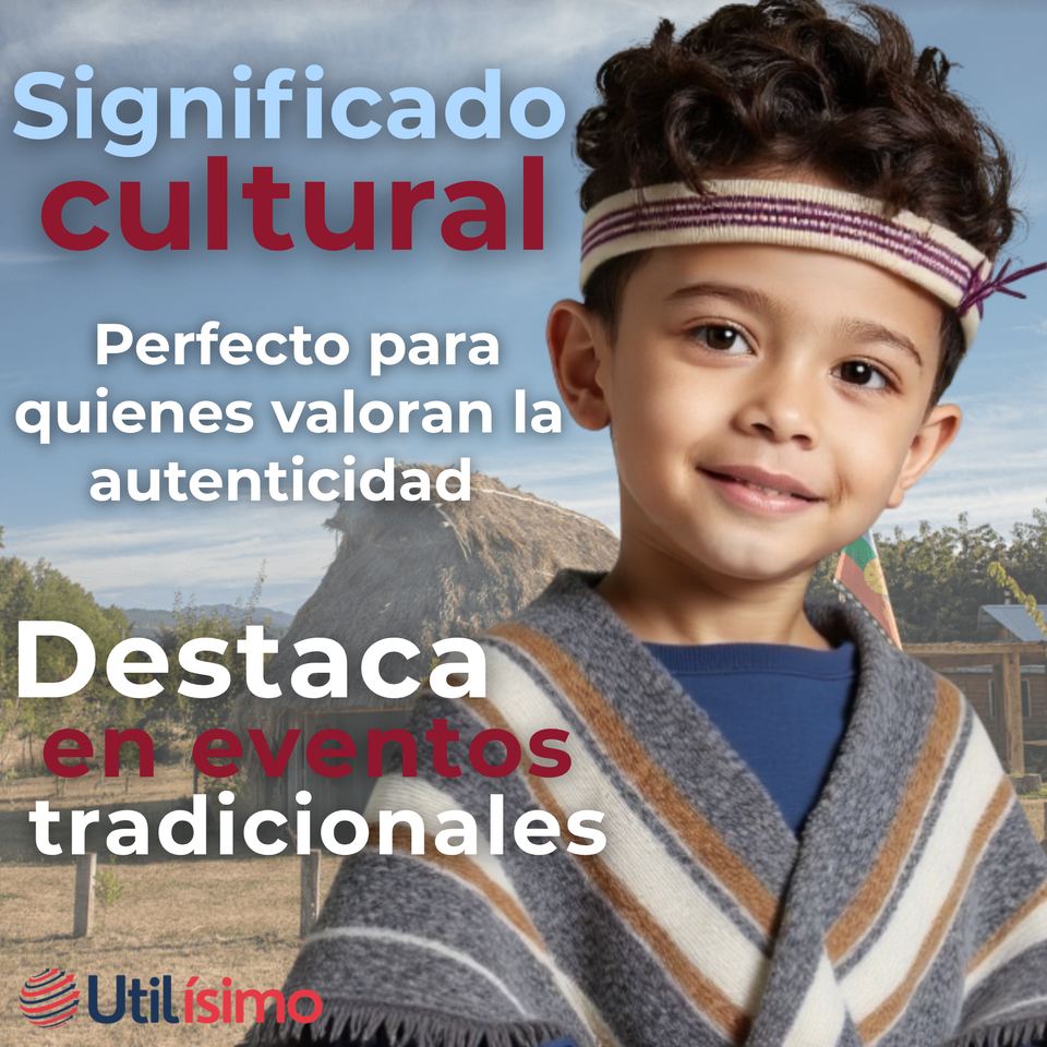 Set Poncho Manta Mapuche LANA GRUESO 85x55CM +TRARILONCO CINTILLO MAPUCHE 87CM Fiestas Patrias