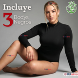 Pack 3 Bodys Manga Larga Bambú Cuello Alto Beatle Mujer Negro