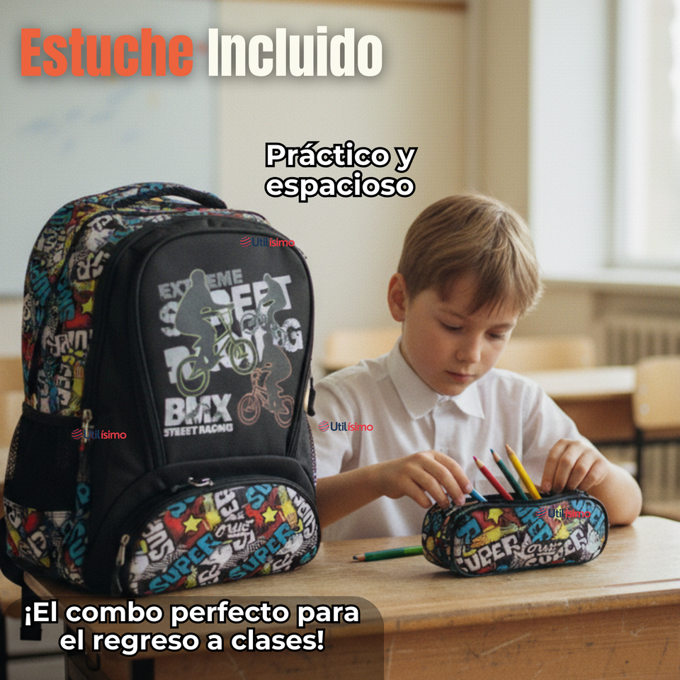 Mochila Escolar Kit Con Estuche y Lonchera 43cm Tela Oxford Niño