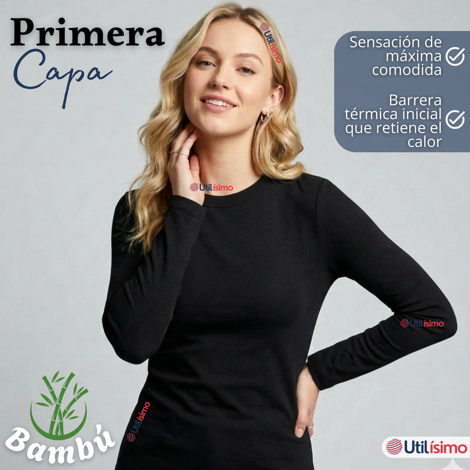 Pack 6 Camisetas Poleras Bambú Primera Capa Negro Manga Larga Mujer