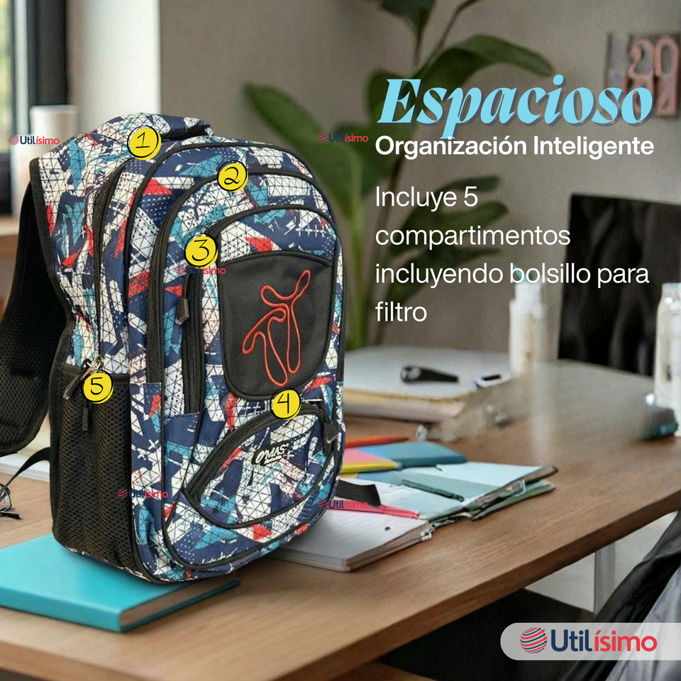 Mochila Escolar Bolso Con Estuche 43Cm Tela Oxford Niño Design Geometric