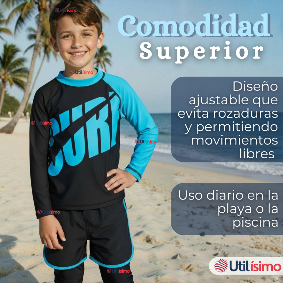 Traje de Baño Manga Larga Pantalón Largo Pantalón Corto 3 Piezas Corte Split Niño 3 a 11 años Black Surf