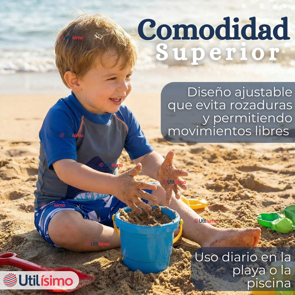 Traje de Baño Pantalón Corto Manga Corta 2 Piezas Corte Split Niño 2 a 4 años Blue Shark
