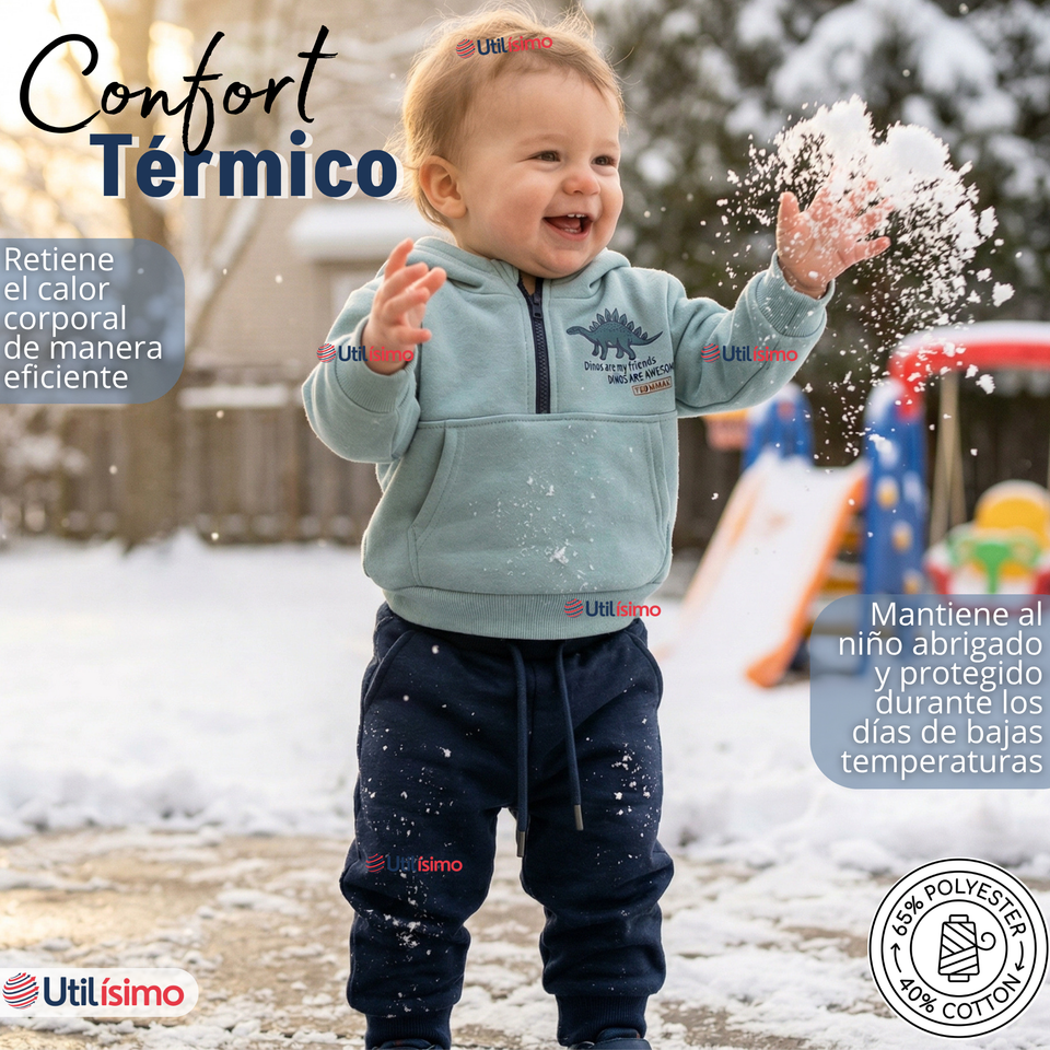 Conjunto 2 Piezas Buzo Pantalón Y Polerón Con Capucha Azul Dinosaurio Bebé Niño