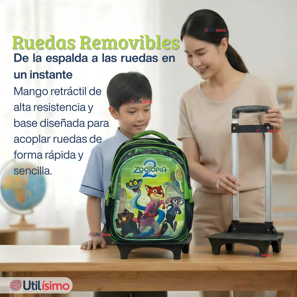 Mochila Escolar Zootopia Con Ruedas Desmontables + Estuche + Lonchera Niño Poliéster